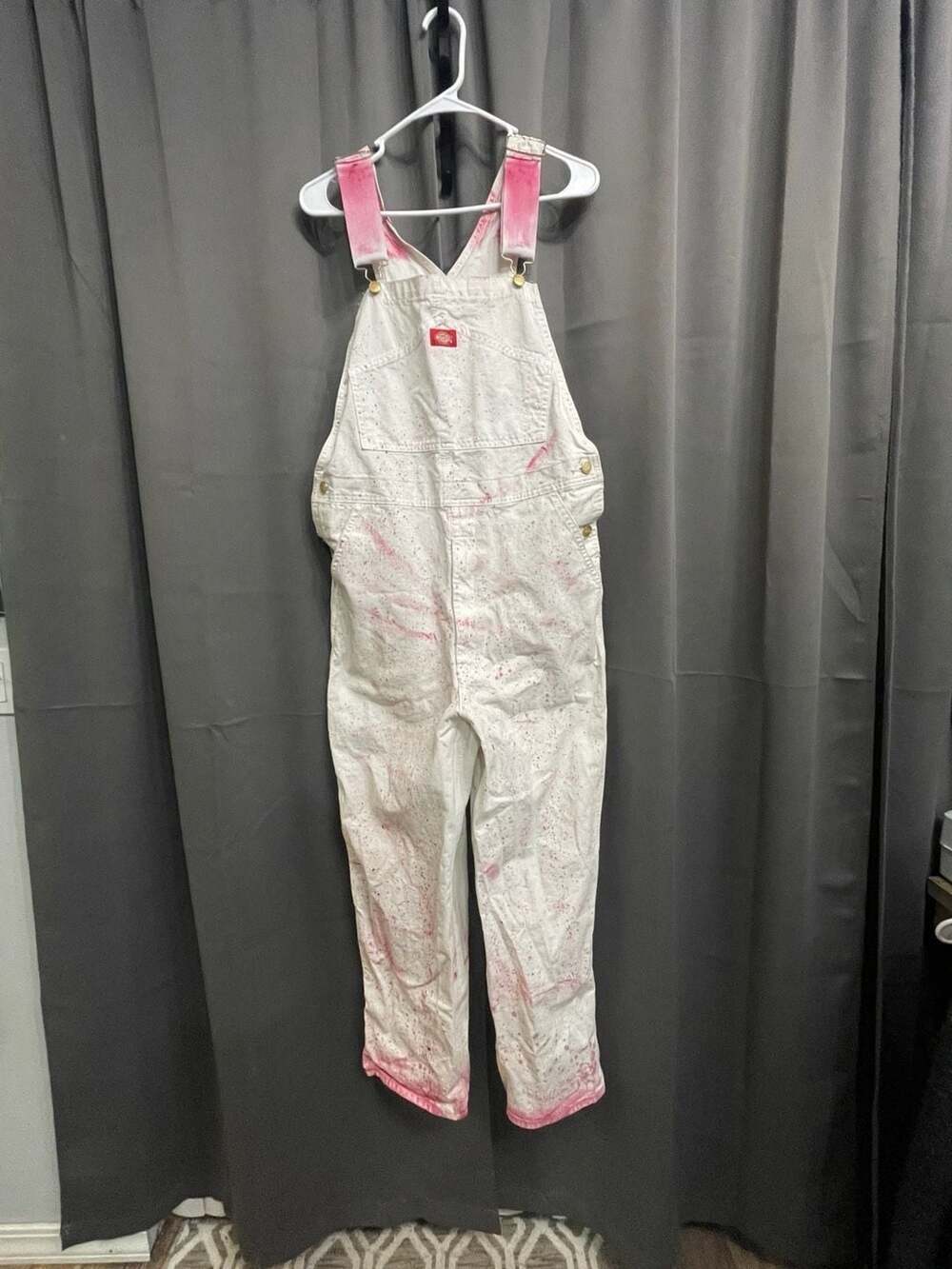 Dickies Vintage White Painter Bib Overalls with Pink Paint Splatter  Details